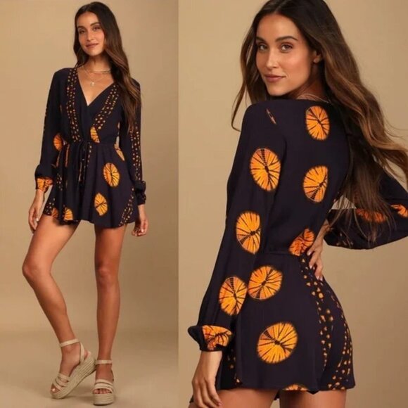 Lulus Adventuresome Dark Purple & Orange Tie-Dye Long Sleeve Romper Size XS - Picture 1 of 14